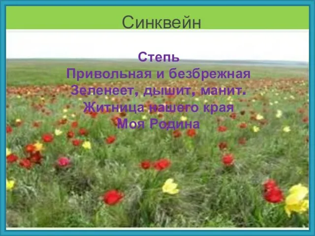 Синквейн Степь Привольная и безбрежная Зеленеет, дышит, манит. Житница нашего края Моя Родина