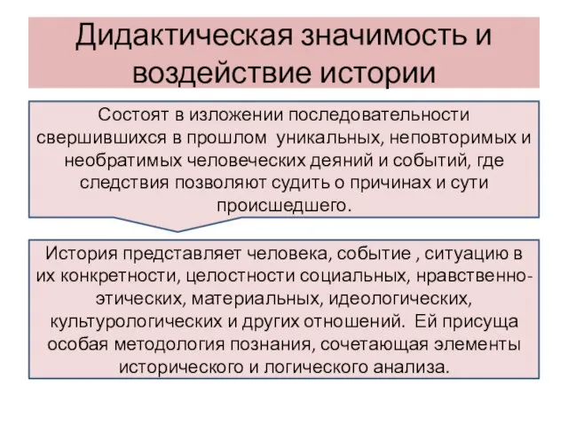 Дидактическая значимость и воздействие истории Состоят в изложении последовательности свершившихся