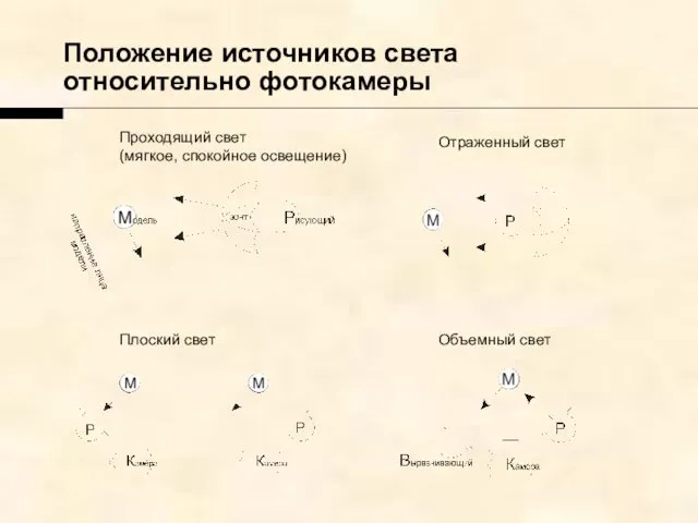 Положение источников света относительно фотокамеры Проходящий свет (мягкое, спокойное освещение) Отраженный свет Плоский свет Объемный свет