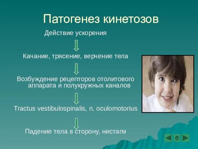 Патогенез кинетозов Действие ускорения Качание, трясение, верчение тела Возбуждение рецепторов