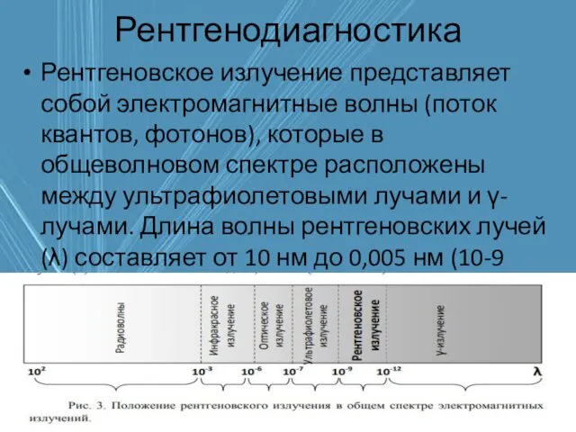 Рентгенодиагностика Рентгеновское излучение представляет собой электромагнитные волны (поток квантов, фотонов), которые в общеволновом