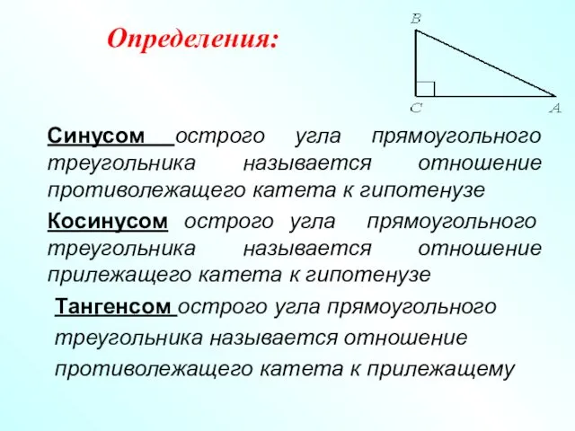 Определения: Синусом острого угла прямоугольного треугольника называется отношение противолежащего катета к гипотенузе Косинусом