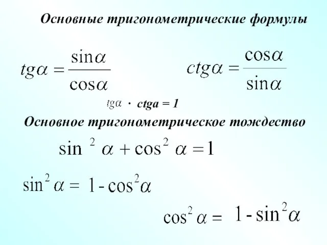 Основные тригонометрические формулы Основное тригонометрическое тождество · ctga = 1