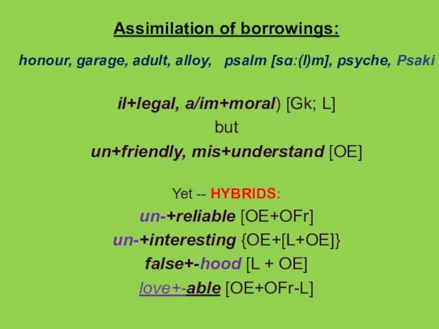 Assimilation of borrowings: honour, garage, adult, alloy, psalm [sɑː(l)m], psyche,