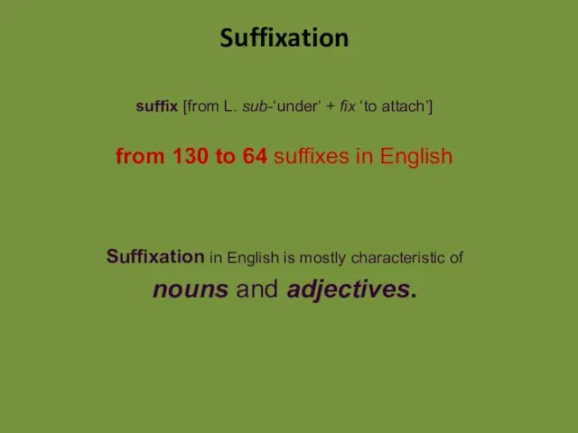 Suffixation suffix [from L. sub-‘under’ + fix ‘to attach’] from