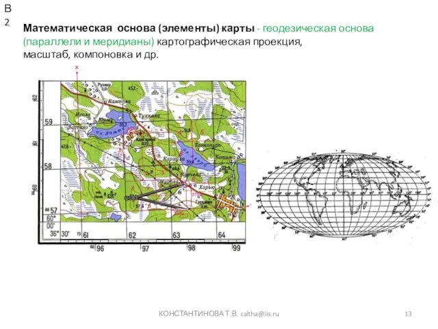 КОНСТАНТИНОВА Т.В. caltha@lis.ru Математическая основа (элементы) карты - геодезическая основа (параллели и меридианы)