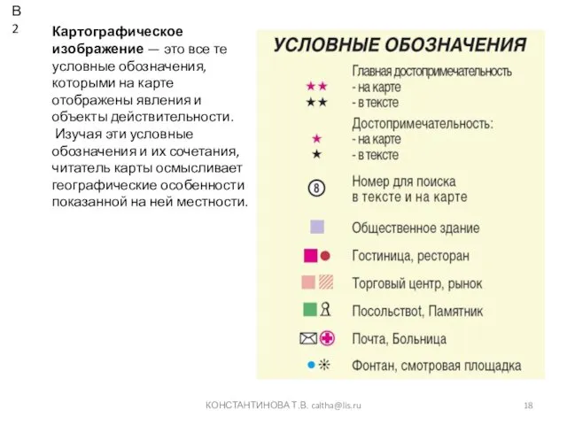 КОНСТАНТИНОВА Т.В. caltha@lis.ru Картографическое изображение — это все те условные обозначения, которыми на