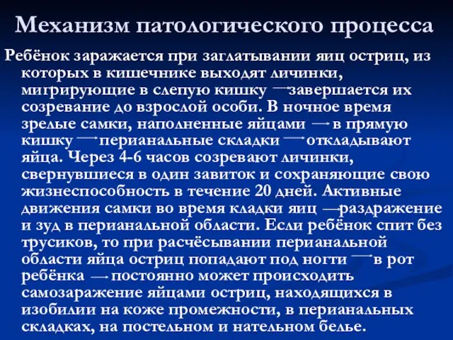 Механизм патологического процесса Ребёнок заражается при заглатывании яиц остриц, из которых в кишечнике