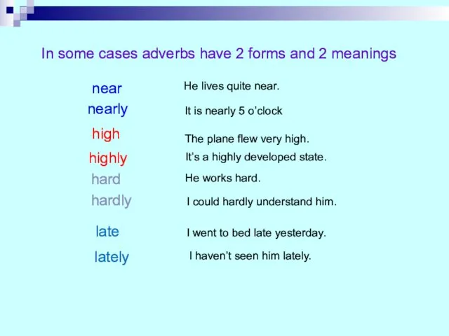 In some cases adverbs have 2 forms and 2 meanings