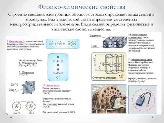 Физико-химические свойства Строение внешних электронных оболочек атомов определяет виды связей