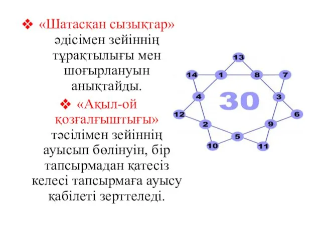 «Шатасқан сызықтар» әдісімен зейіннің тұрақтылығы мен шоғырлануын анықтайды. «Ақыл-ой қозғалғыштығы»