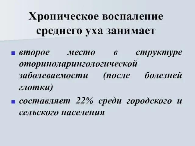 Хроническое воспаление среднего уха занимает второе место в структуре оториноларингологической