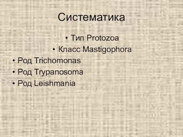 Систематика Тип Protozoa Класс Mastigophora Род Trichomonas Род Trypanosoma Род Leishmania