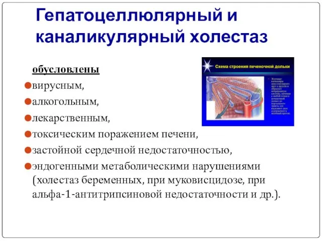 Гепатоцеллюлярный и каналикулярный холестаз обусловлены вирусным, алкогольным, лекарственным, токсическим поражением