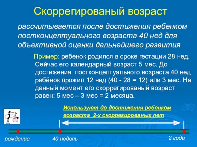 Скоррегированый возраст рассчитывается после достижения ребенком постконцептуального возраста 40 нед