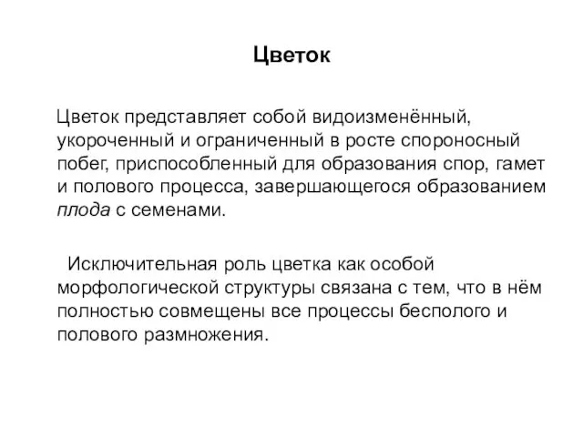 Цветок Цветок представляет собой видоизменённый, укороченный и ограниченный в росте