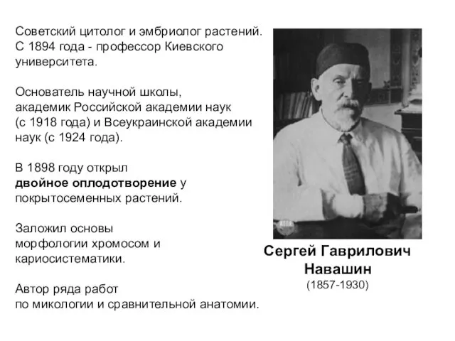 Сергей Гаврилович Навашин (1857-1930) Советский цитолог и эмбриолог растений. С