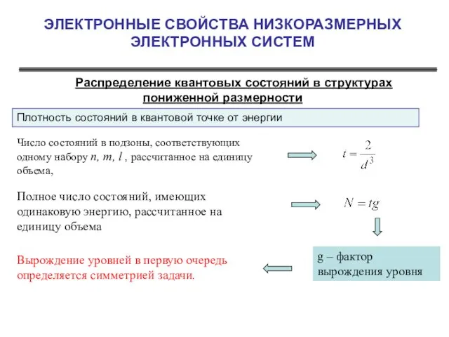 ЭЛЕКТРОННЫЕ СВОЙСТВА НИЗКОРАЗМЕРНЫХ ЭЛЕКТРОННЫХ СИСТЕМ Распределение квантовых состояний в структурах