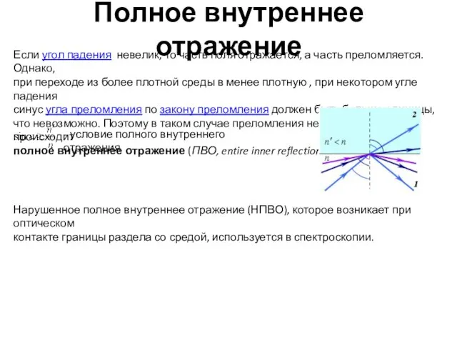 Полное внутреннее отражение Если угол падения невелик, то часть поля