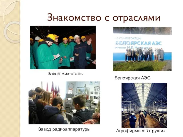 Знакомство с отраслями Завод Виз-сталь Белоярская АЭС Завод радиоаппаратуры Агрофирма «Патруши»