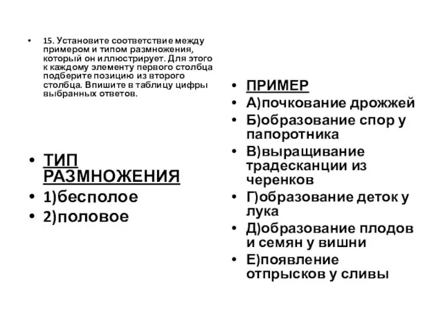 15. Установите соответствие между примером и типом размножения, который он