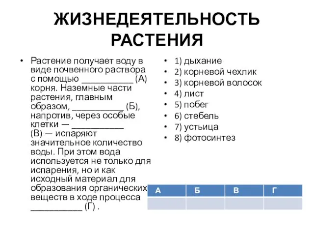 ЖИЗНЕДЕЯТЕЛЬНОСТЬ РАСТЕНИЯ Растение получает воду в виде почвенного раствора с