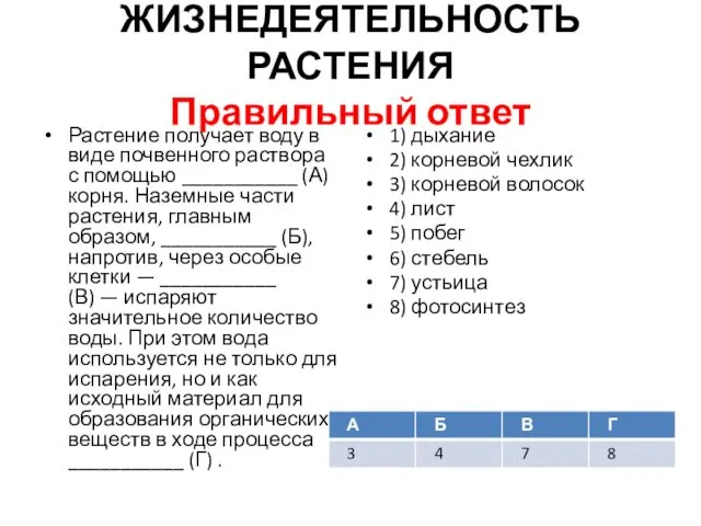 ЖИЗНЕДЕЯТЕЛЬНОСТЬ РАСТЕНИЯ Правильный ответ Растение получает воду в виде почвенного