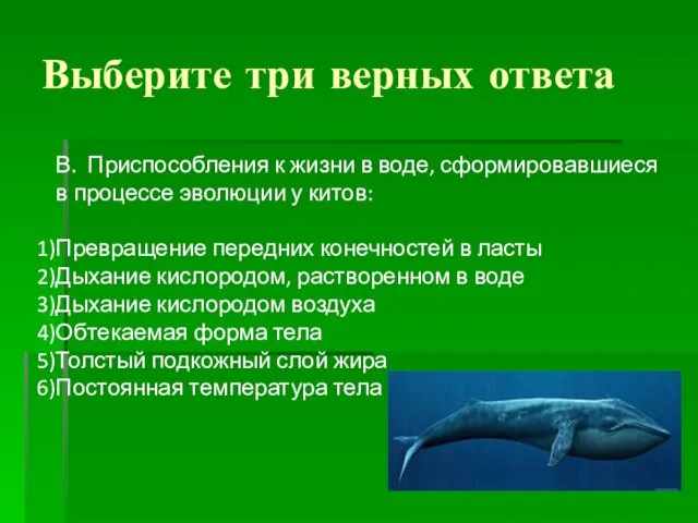 Выберите три верных ответа В. Приспособления к жизни в воде,