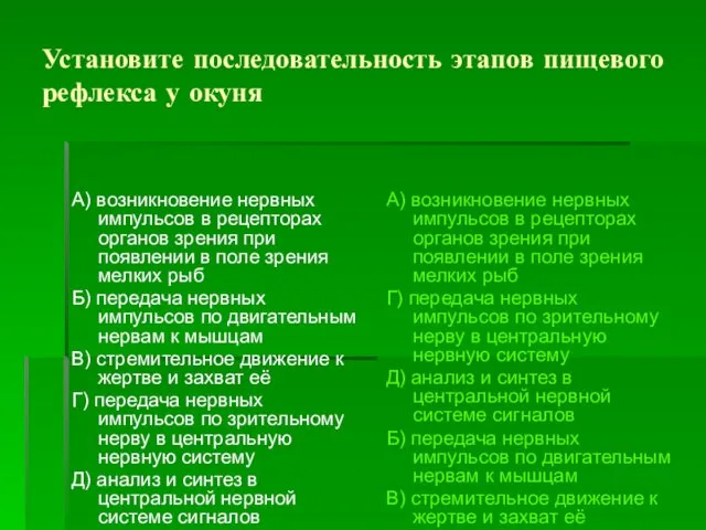 Установите последовательность этапов пищевого рефлекса у окуня А) возникновение нервных