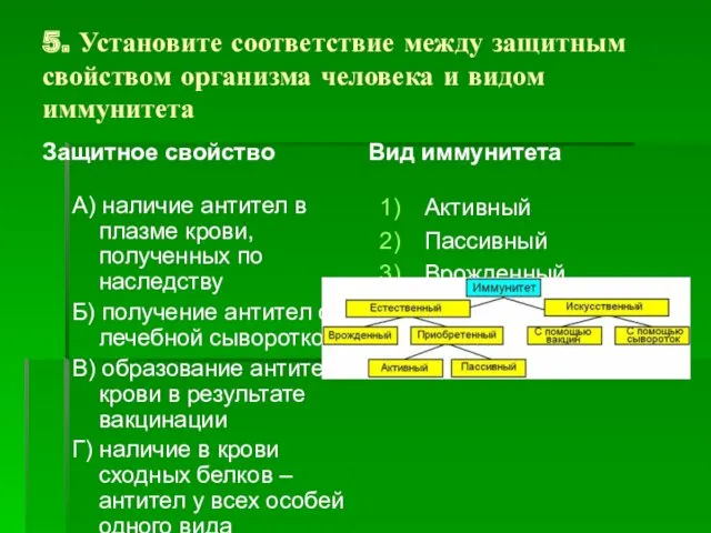 5. Установите соответствие между защитным свойством организма человека и видом