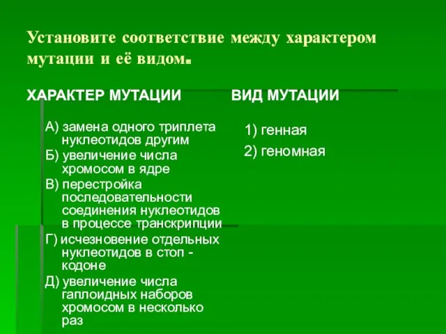 Установите соответствие между характером мутации и её видом. ХАРАКТЕР МУТАЦИИ