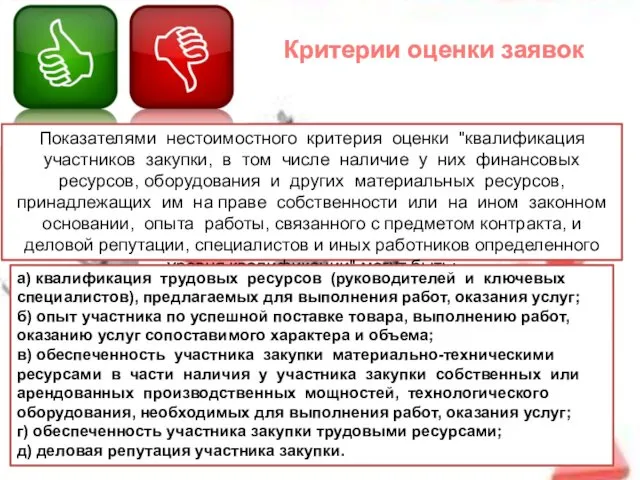 Критерии оценки заявок Показателями нестоимостного критерия оценки "квалификация участников закупки,