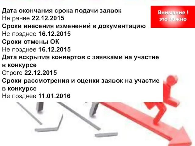 Дата окончания срока подачи заявок Не ранее 22.12.2015 Сроки внесения