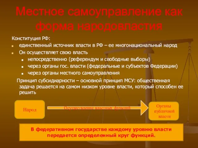 Местное самоуправление как форма народовластия Конституция РФ: единственный источник власти