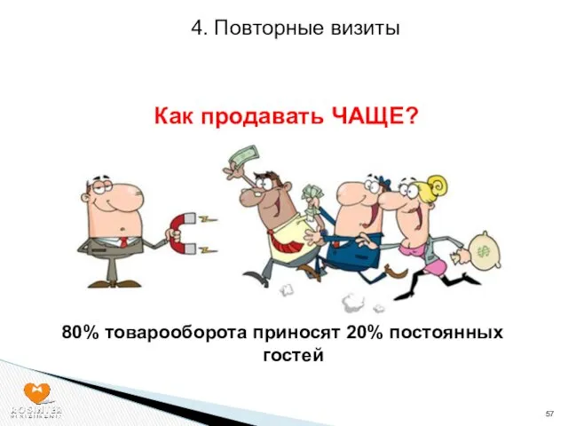 4. Повторные визиты Как продавать ЧАЩЕ? 80% товарооборота приносят 20% постоянных гостей