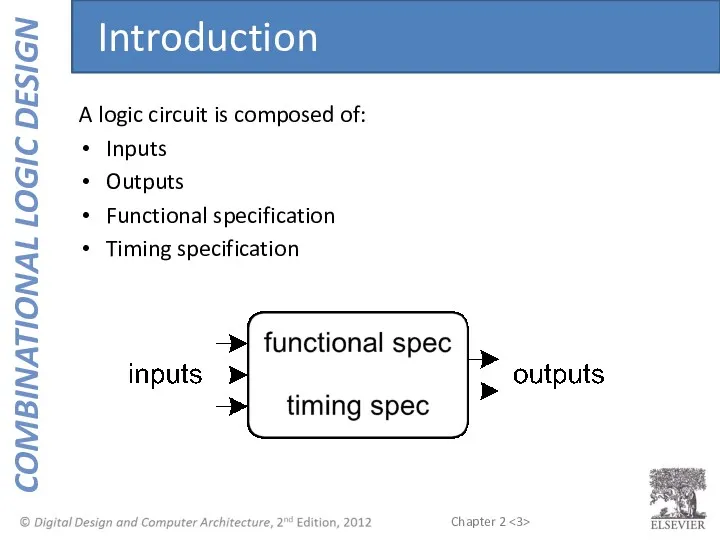 A logic circuit is composed of: Inputs Outputs Functional specification Timing specification Introduction