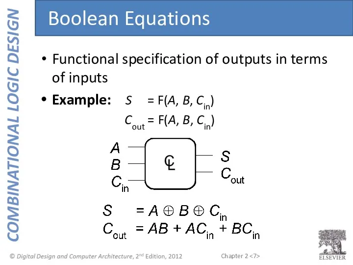Functional specification of outputs in terms of inputs Example: S