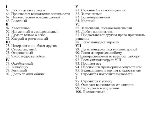 I 65. Любит давать советы 66. Производит впечатление значимости 67.