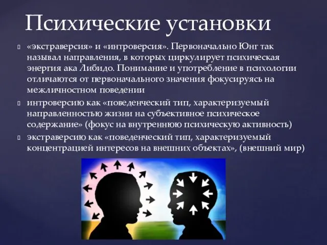 «экстраверсия» и «интроверсия». Первоначально Юнг так называл направления, в которых