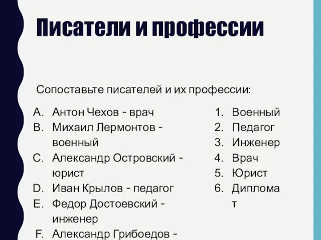 Писатели и профессии Сопоставьте писателей и их профессии: Антон Чехов