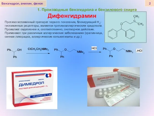 Дифенгидрамин Бензгидрол, анилин, фенол 2 Противогистаминный препарат первого поколения, блокирующий