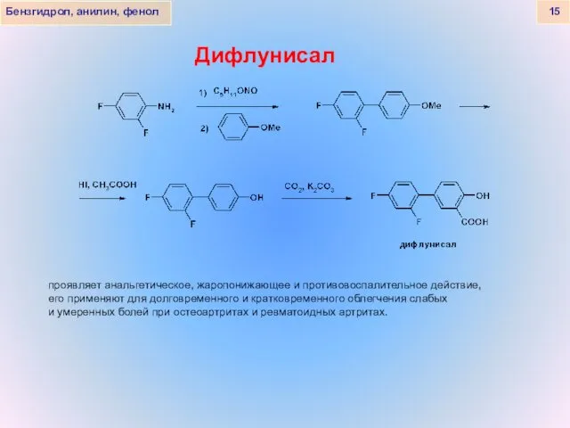Бензгидрол, анилин, фенол 15 Дифлунисал проявляет анальгетическое, жаропонижающее и противовоспалительное