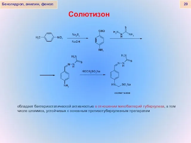 Бензгидрол, анилин, фенол 20 Солютизон обладает бактериостатической активностью в отношении