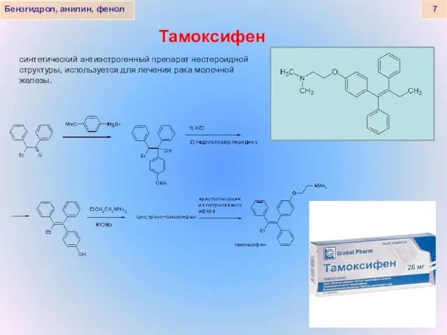 Бензгидрол, анилин, фенол 7 Тамоксифен синтетический антиэстрогенный препарат нестероидной структуры, используется для лечения рака молочной железы.