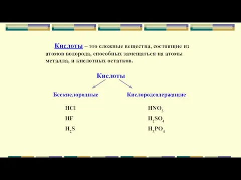 Кислоты – это сложные вещества, состоящие из атомов водорода, способных