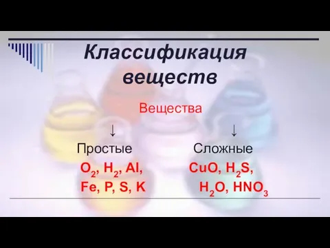 Классификация веществ Вещества ↓ ↓ Простые Сложные O2, H2, Al,