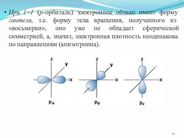 При l=1 (р-орбиталь) электронное облако имеет форму гантели, т.е. форму