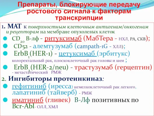 Препараты, блокирующие передачу ростового сигнала к факторам транскрипции 1. МАТ