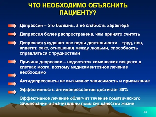 ЧТО НЕОБХОДИМО ОБЪЯСНИТЬ ПАЦИЕНТУ? Депрессия – это болезнь, а не