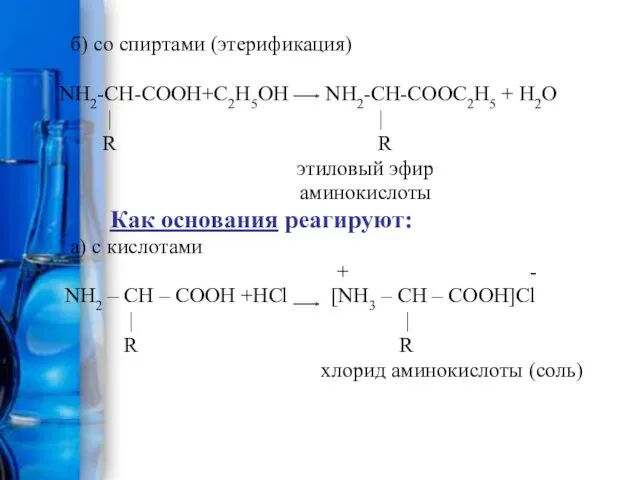 б) со спиртами (этерификация) NH2-CH-COOH+С2Н5ОН NH2-CH-COOС2Н5 + H2O | | R R этиловый